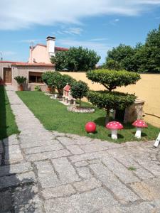 a garden with mushrooms and a tree in the grass at Casa con jardín en primera línea de playa in O Grove