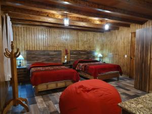 two beds in a room with wooden walls at Club Tejamaniles in Los Azufres