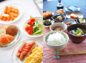 tres fotos de diferentes platos de comida en una mesa en Hotel Route Inn Toyota Motomachi, en Toyota