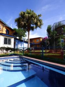 einen Swimmingpool mit Palmen und ein Haus in der Unterkunft Toopas in Boquete