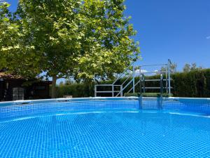 une grande piscine bleue avec un arbre en arrière-plan dans l'établissement Casa Rural con Encanto CABAÑA EL SALSE, 