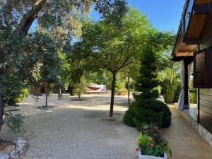 um jardim com uma árvore e alguns arbustos e um edifício em Casa Rural con Encanto CABAÑA EL SALSE 