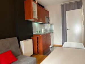 een kleine keuken met een bank en een magnetron bij Apartamentos León in León