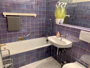 ザンクト・ペーター・オルディングにあるFerienwohnung "Zaunkönig"の青いタイル張りのバスルーム(洗面台、トイレ付) +14枚の写真