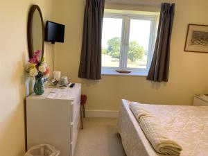 a bedroom with a bed and a dresser with a mirror at Folly Fields Farm B&B in Sherborne
