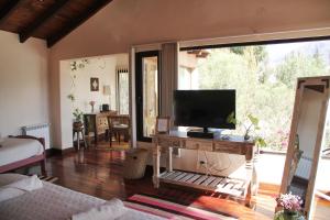 a living room with a television on a wooden table at Santa Lucia in Tilcara