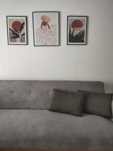 un sofá con cuatro cuadros en una pared blanca en Olive House, en Moírai