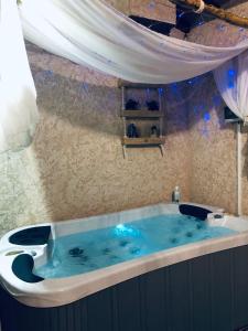 bañera con agua azul en la habitación en L’Eden sur la Colline en Peypin