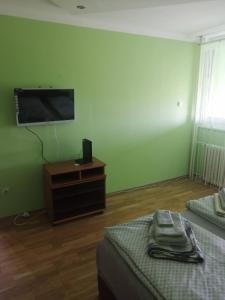 Zimmer mit 2 Betten und einem TV an der Wand in der Unterkunft Apartman Radaković in Subotica