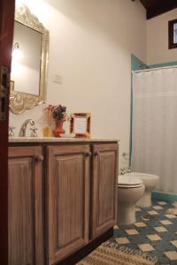 a bathroom with a sink and a toilet and a mirror at Apartamento en el vivero in Tilcara