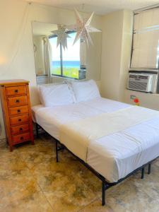 1 dormitorio con 1 cama, vestidor y ventana en Hawaiian Monarch 2508 condo en Honolulu