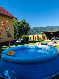 un grande trampolino blu in un cortile di Casa Sofia a Călimăneşti