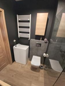 łazienka z toaletą i przeszklonym prysznicem w obiekcie Apartament Buk w mieście Buk