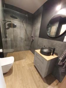 a bathroom with a toilet and a sink and a mirror at Aparthotel - Buk in Buk