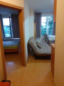 ソフィアにあるApartment Damyanitsaの小さな部屋(ベッド1台、鏡付)