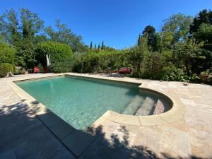 a swimming pool in a yard with trees and blue sky at CHAMBRE D’HÔTE CHARLAMBIAS in Vallabrègues