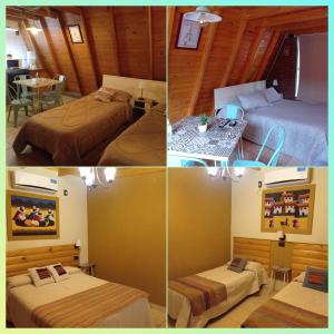 four pictures of a hotel room with two beds and a table at Quedate Apart Hotel in Correa
