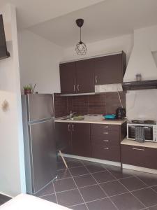 a kitchen with brown cabinets and a stainless steel refrigerator at ALEXANDER APARTMENT'S in Kallithea Halkidikis +7 photos
