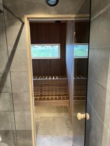 a walk in shower with a window in a bathroom at Brand new mountain cabin in Branäs