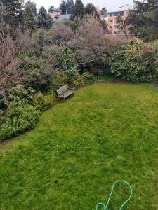 een tuin met een bank en een tuinslang op het gras bij Periko´s Youth Hostel in Bariloche