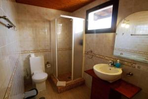 a bathroom with a shower and a toilet and a sink at Villa Los Palomos in San Bartolomé