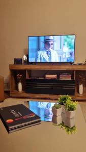 een televisie op een tafel met planten ervoor bij Amplo e confortável. Ar condic, WiFi, TV. Metrô. Tijuca. in Rio de Janeiro