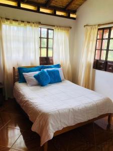 a bedroom with a bed with blue and white pillows at El Pentagono Verde in Arcabuco