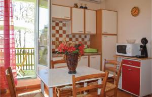 a kitchen with a table with a vase of flowers on it at 1 Bedroom Cozy Apartment In Zonza in Zonza