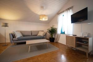 Una sala de estar con un sofá y un televisor. en Modra Luna- apartment with terrace, en Izola