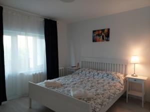 Postel nebo postele na pokoji v ubytování Vila de pe Lac Amara