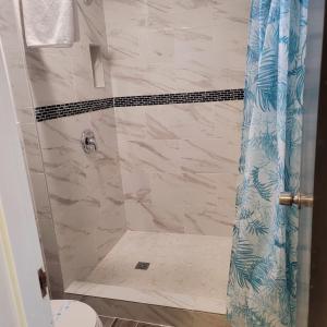 a shower with a glass door in a bathroom at Economy inn in Corning