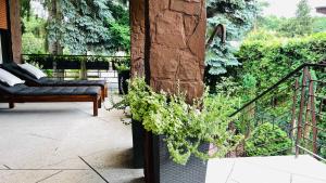 a porch with a bench and a plant at Pod Świerkami in Boszkowo