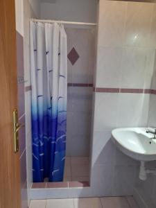 a bathroom with a shower curtain and a sink at Pokoje Gościnne Jolanta in Ostrowo