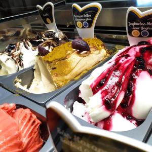 a group of ice cream desserts in trays at Gastland M1 Hotel & Conference Center in Páty