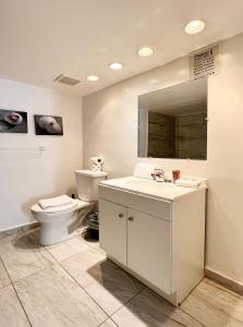 un bagno con un water, un lavandino e uno specchio di South Beach Apartments a Miami Beach