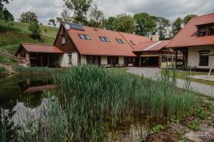 a house with red roofs and a pond at Penzion U Skutilů in Pilníkov