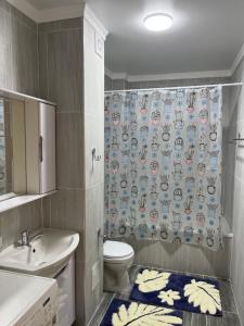 a bathroom with a toilet and a shower curtain at Берег3 in Bosteri +32 photos