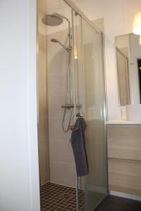 a shower with a glass door in a bathroom at Gîte avec bain nordique dans la campagne brayonne pour 2 personnes in Massy