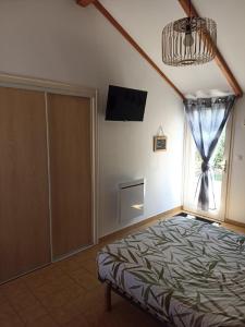 um quarto com uma cama, uma televisão e uma janela em La cagouille em Mauzé-sur-le-Mignon