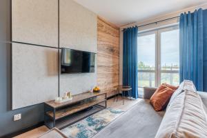 ein Wohnzimmer mit einem TV und einem Sofa in der Unterkunft Sapphire Premium Apartment in Graudenz