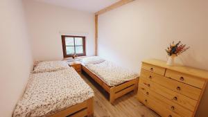 1 dormitorio con 2 camas, vestidor y ventana en Apartmán U Profesora, en Ciudad Vieja de Praga
