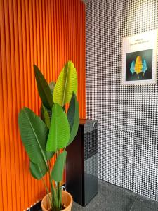 uma planta num vaso ao lado de uma tv em Allbes Parklands Hotel em Klang