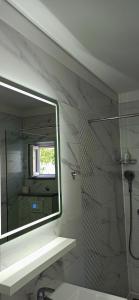 La salle de bains est pourvue d'un grand miroir et d'une douche. dans l'établissement Apartments Desa Petric, à Hvar