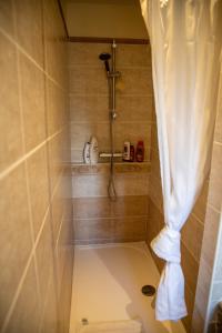 a shower with a shower curtain in a bathroom at L'Oisette in Epiniac