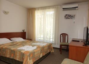 a hotel room with a bed and a desk and a television at Hotel Elit in Devin