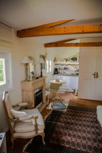 a living room with a fireplace and a kitchen at L'Oisette in Epiniac