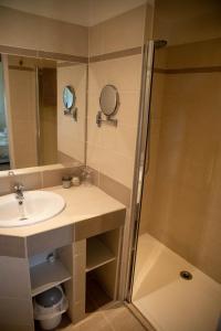 een badkamer met een wastafel en een douche bij L'Oisette in Epiniac