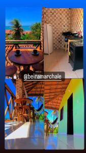 a collage of two pictures of a kitchen and a table at Chalé da Kikia in Icapuí
