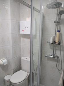 W łazience znajduje się toaleta i przeszklony prysznic. w obiekcie O AREAL DE NATALIA w mieście Muxia