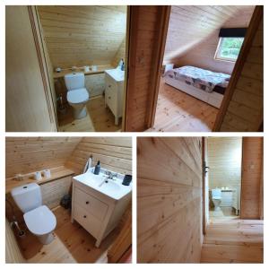 three pictures of a bathroom in a log cabin at Słoneczny domek in Kretowiny